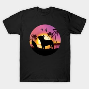 Summer for French lovers, French bulldog and beach, sunset, plam tree, surfing T-Shirt